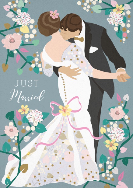 Just Married card with Bride and Groom dancing