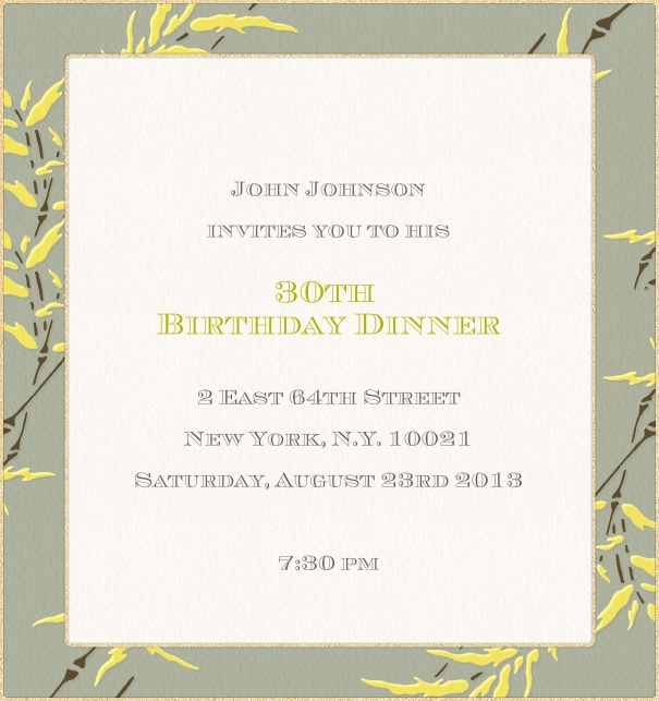 High format White modern themed birthday invitation card with  fall motif.