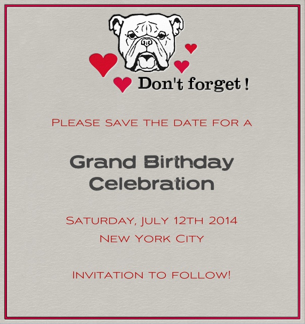 High Grey Modern Birthday Save the Date Card with Bulldog.