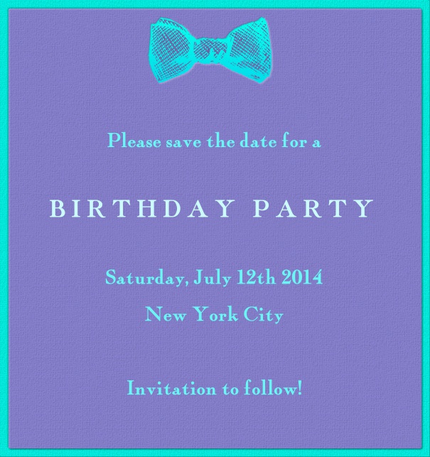 High Purple Modern Event Save the Date Card with Turquoise Bow tie.