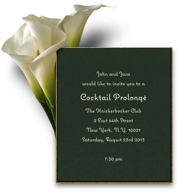 Blumen Einladungskarte in dunkelgrün mit goldenem Rand und digitaler Version einer echten weissen Lilie an der linken oberen Seite.