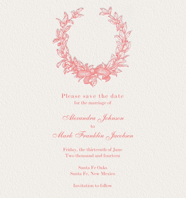 Beige Online Save the Date Card with pink wreath.