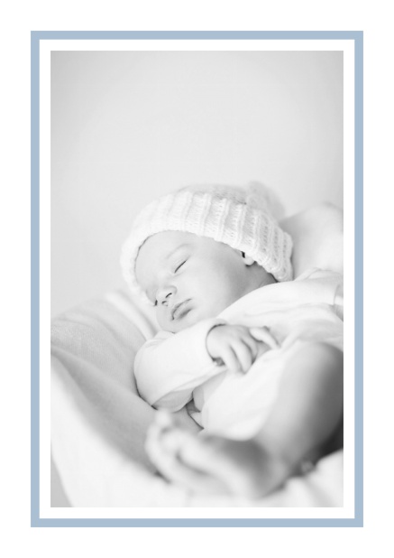 Helle Online Geburtsanzeige mit Fotofeld und rosa Rahmen und 2. Seite für editierbaren Text. Blau.