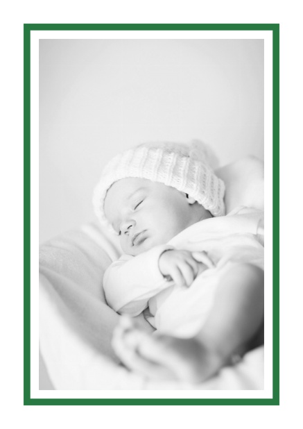 Helle Online Geburtsanzeige mit Fotofeld und rosa Rahmen und 2. Seite für editierbaren Text. Grün.