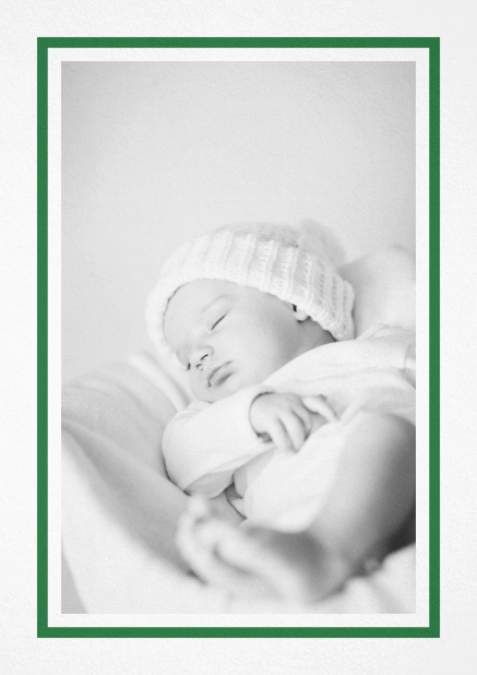 Helle Geburtsanzeige mit Fotofeld und rosa Rahmen und 2. Seite für editierbaren Text. Grün.
