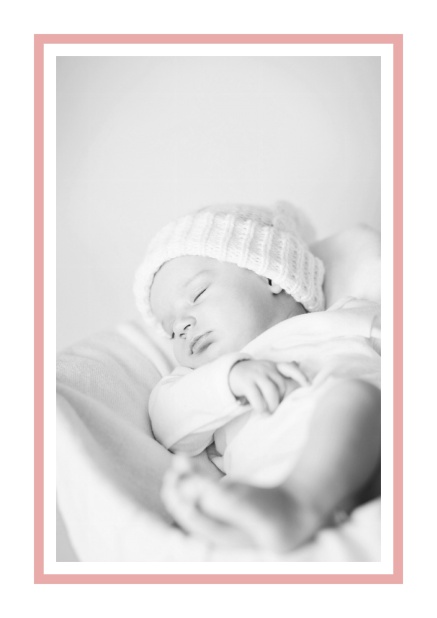 Helle Online Geburtsanzeige mit Fotofeld und rosa Rahmen und 2. Seite für editierbaren Text.