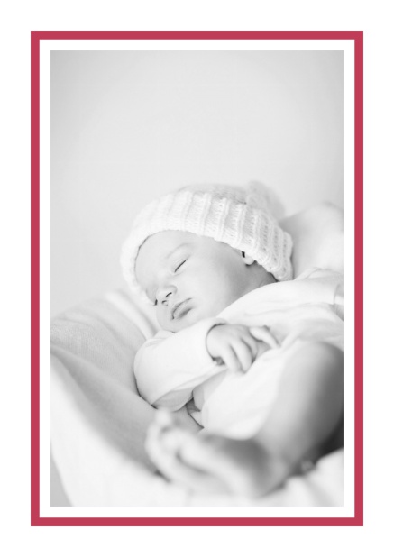 Helle Online Geburtsanzeige mit Fotofeld und rosa Rahmen und 2. Seite für editierbaren Text. Rot.