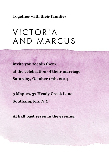 Online Wedding invitation card with purple watercolor behind text.