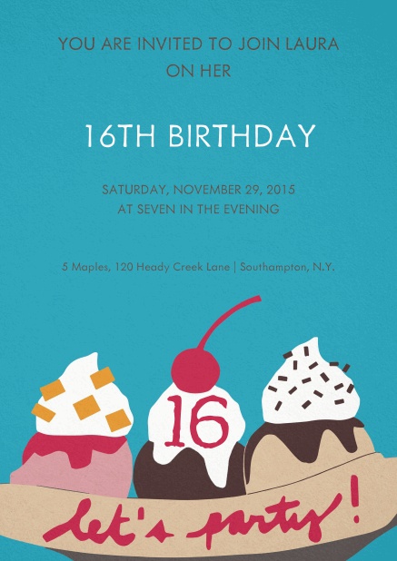 Invitation with ice cream and cherry on top for 16th birthday.