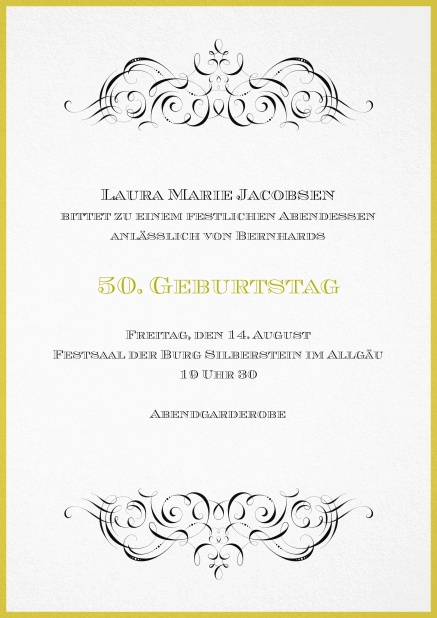 Ornamente zum 50. - 50. Geburtstag Einladung mit Ornamenten oben und unten zum 70. Geburtstag.