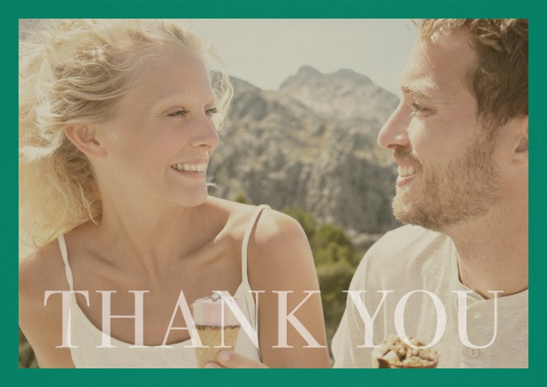 Thank you photo card with changeable photofield and Thank you on the bottom. Green.