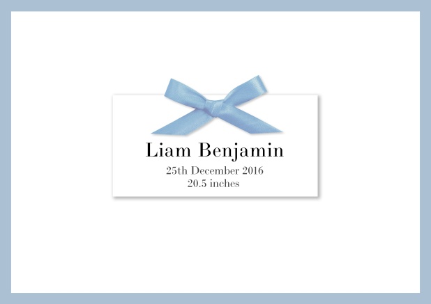 Online Birth announcement with PRINTED blue ribbon and matching blue border and photo on the inside.