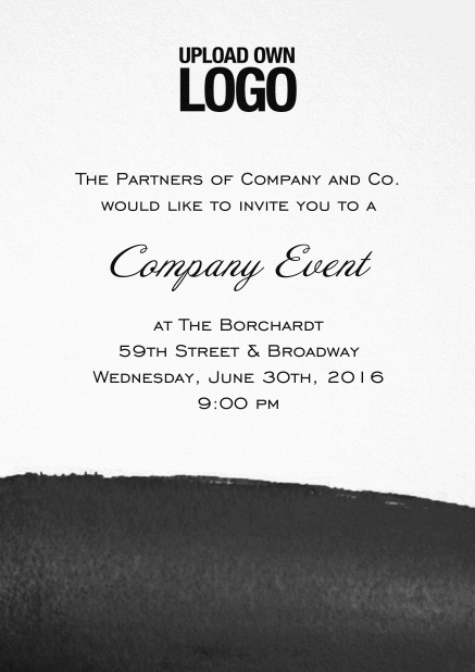 White Corporate invitation card with blue artistic bottom, own logo option and text field. Black.