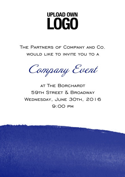 Online White Corporate invitation card with blue artistic bottom, own logo option and text field. Blue.