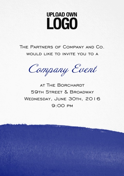 Weiße Einladungskarte zum Firmenevent mit kunstlerischem blauem unteren Rand, Logo-Option und Textfeld. Blau.
