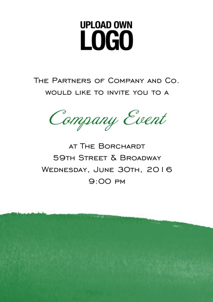Online White Corporate invitation card with blue artistic bottom, own logo option and text field. Green.