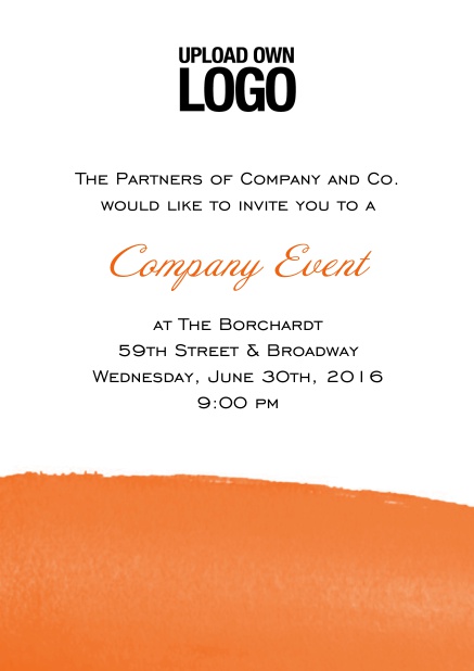 Online White Corporate invitation card with blue artistic bottom, own logo option and text field. Orange.