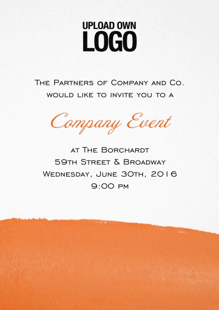Weiße Einladungskarte zum Firmenevent mit kunstlerischem blauem unteren Rand, Logo-Option und Textfeld. Orange.