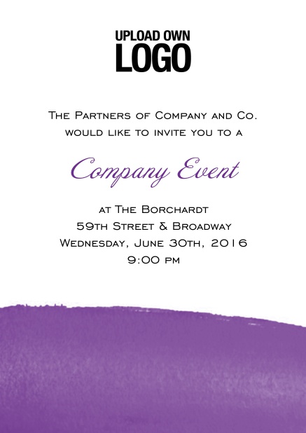 Online White Corporate invitation card with blue artistic bottom, own logo option and text field. Purple.