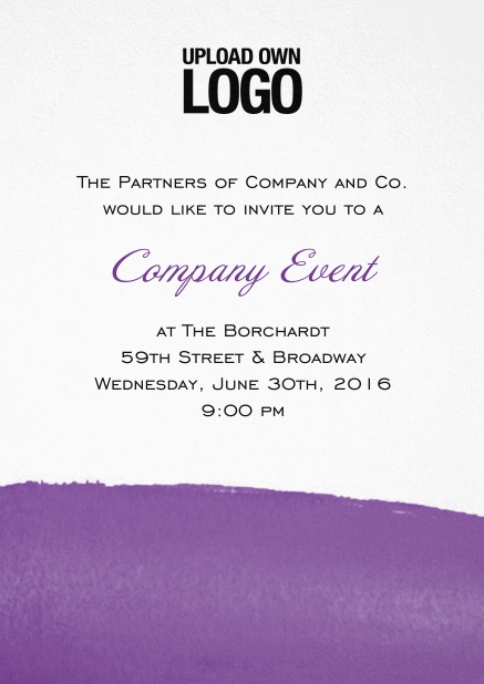 White Corporate invitation card with blue artistic bottom, own logo option and text field. Purple.