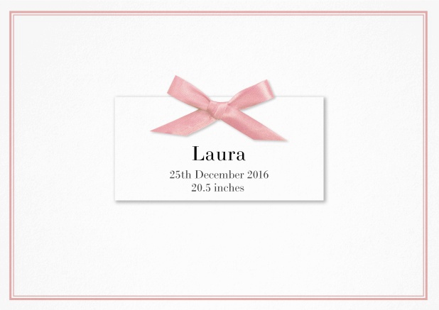 Paper Birth announcement with PRINTED rosa ribbon and matching rosa double line frame and photo inside left.