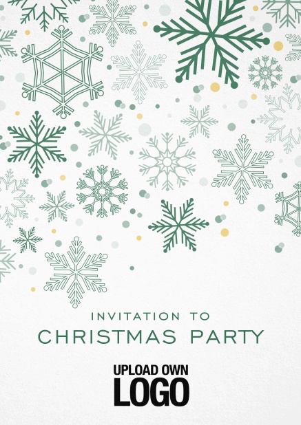 Corporate Christmas party invitation card with silver snow flakes Green.