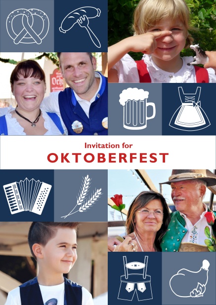 Beer and pretzels - Blue - Bavarian Online Oktoberfest invitation card with Oktoberfest images and photo fields to add own photos. Blue.