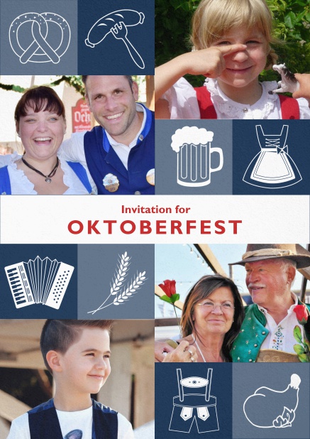 Beer and pretzels - Blue - Bavarian Oktoberfest invitation card with Oktoberfest images and photo fields to add own photos. Blue.