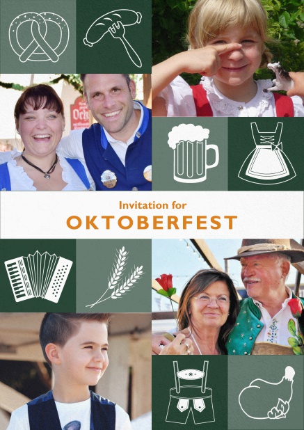 Beer and pretzels - Green - Bavarian Oktoberfest invitation card with Oktoberfest images and photo fields to add own photos. Green.