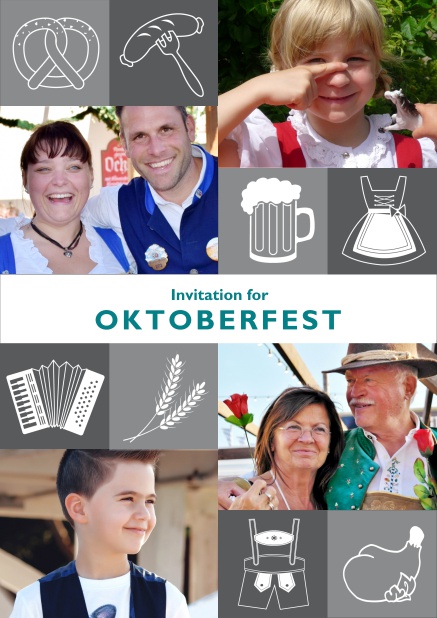 Beer and pretzels - Grey - Bavarian Online Oktoberfest invitation card with Oktoberfest images and photo fields to add own photos. Grey.