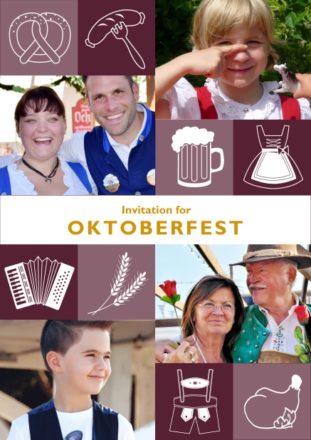 Beer and pretzels - Red - Bavarian Online Oktoberfest invitation card with Oktoberfest images and photo fields to add own photos. Red.