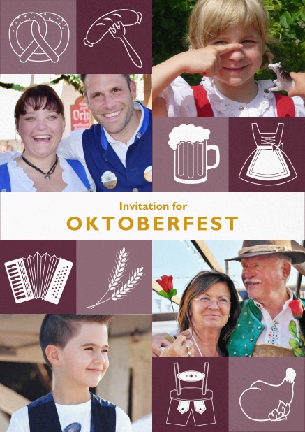 Beer and pretzels - Red - Bavarian Oktoberfest invitation card with Oktoberfest images and photo fields to add own photos. Red.