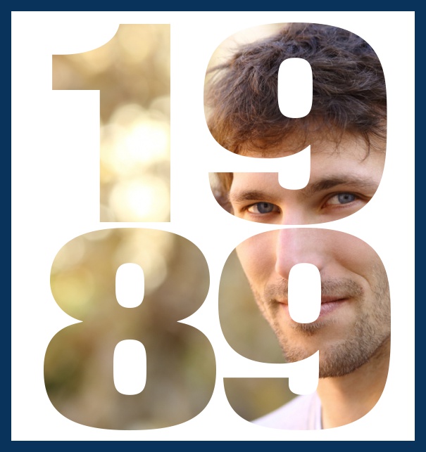 1989 geboren gross - Marine - 30. Geburtstag Große Online Einladungskarte zum 30. Geburtstag mit Rahmen und ausgeschnittenem Geburtsjahr 1989. Marine.