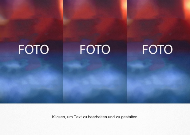 Einfach gestaltete Fotokarte in Querformat mit 3 Fotofeldern zum Foto selber hochladen inkl. Textfeld.