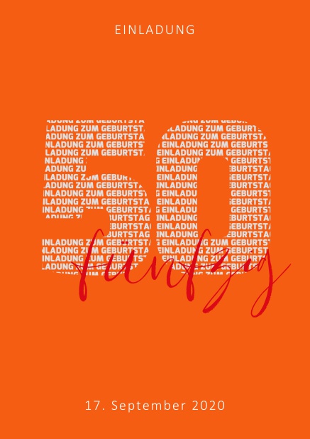 Online Einladungskarte zum 50. Jubiläum mit großer Zahl 50 und einem ausgeschriebenen Schriftzug vierzig. Orange.