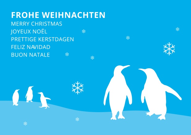 Online Eisblaue Weihnachtskarte mit Schneeflocken und Pinguinen und Frohe Weihnachten Text in verschiedenen Sprachen.