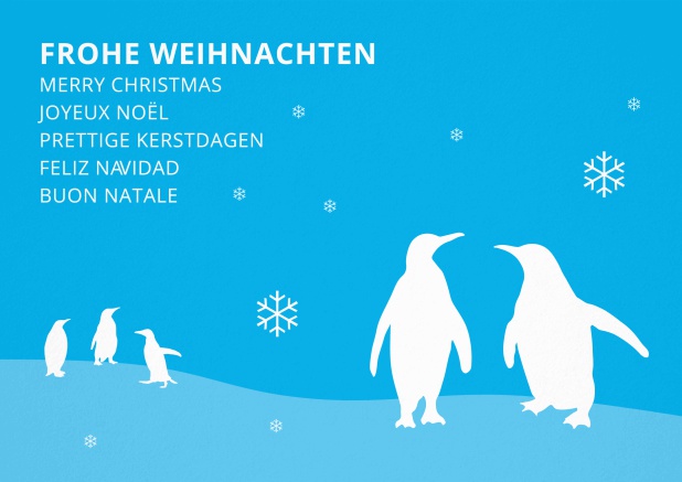 Eisblaue Weihnachtskarte mit Schneeflocken und Pinguinen und Frohe Weihnachten Text in verschiedenen Sprachen.