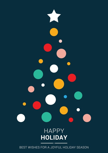 Online Weihnachtskarte mit illustriertem Weihnachtsbaum aus bunten Weihnachtskugeln.