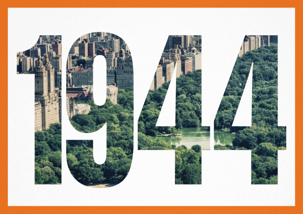 Einladungskarte mit ausgeschnittener 1944 für eigenes Image oder Foto Orange.