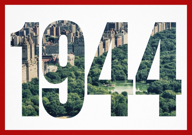 Einladungskarte mit ausgeschnittener 1944 für eigenes Image oder Foto Rot.