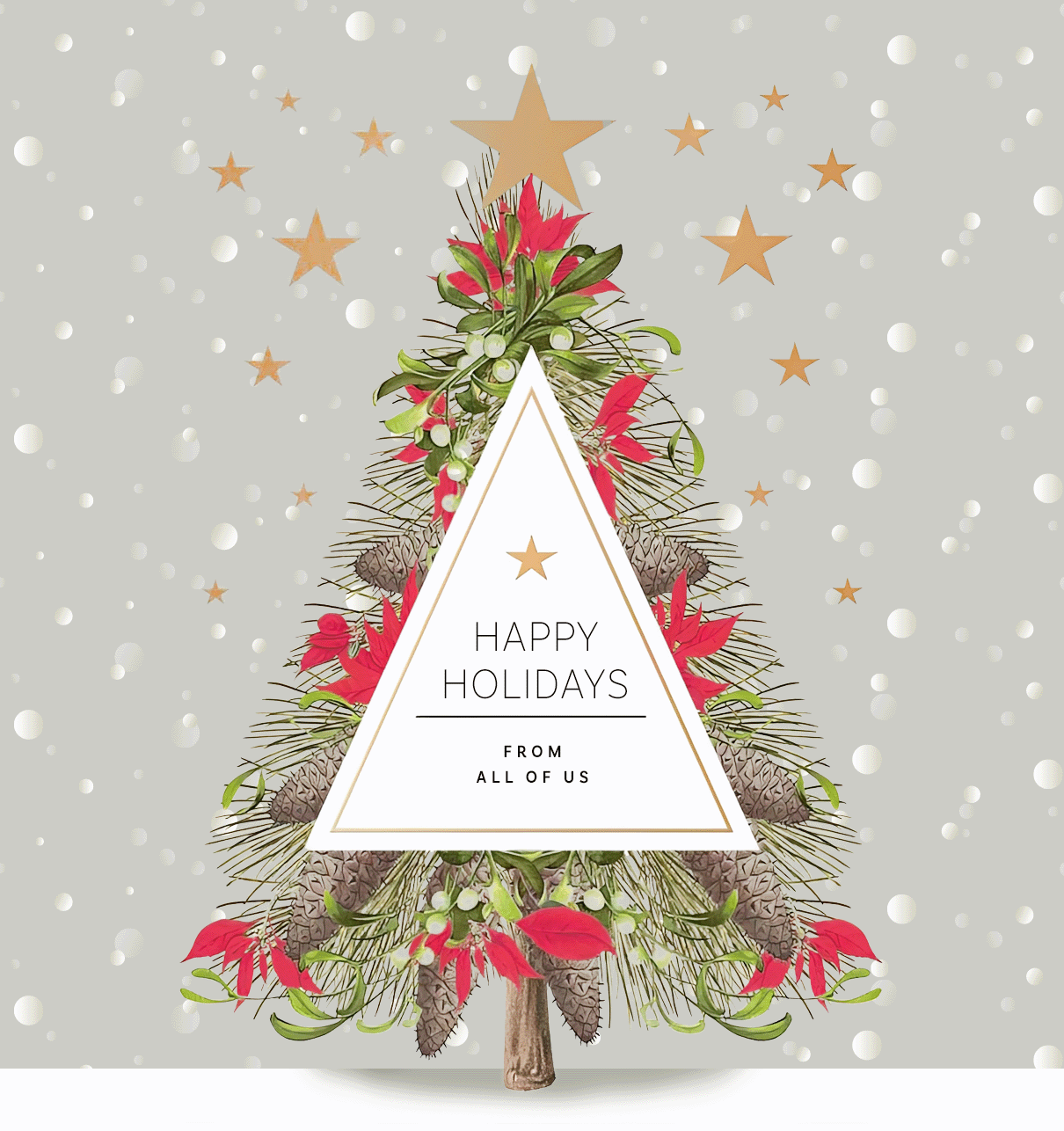 Online Weihnachtskarte mit englischem Grusstext und Weihnachtsbaum und animiertem Schneefall