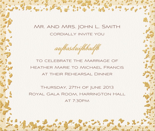 Beige, formal themed party Invitation Template with golden flaked frame.