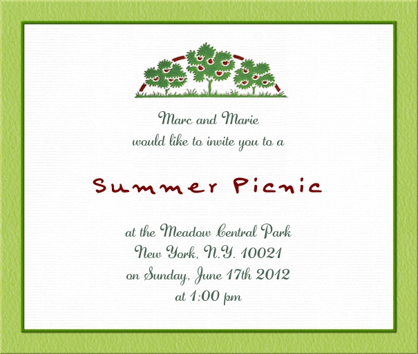 White Dinner or Picnic Online Invitation Template with Green Border and fruit bushes.