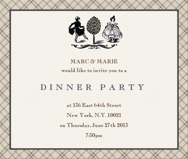 Tan Dinner Invitation With burberry design border and dancing partners.