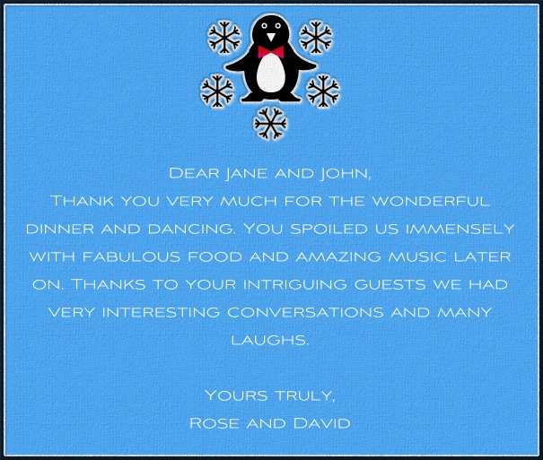 blaufarbene Winter Online Karte in Quadratformat mit schwarzem Rand und kleinem Pinguin, umgeben von schwarzen Eiskristallen in mitte oben auf Karte. Inklusive passender Aviano und Diner Schriftart Text in weiss und rot.