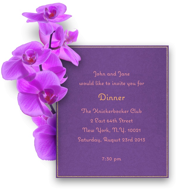 Blumen Einladungskarte in Dunkellila mit goldenem Rahmen und digitaler Version einer echten Orchidee in helllila an der linken Seite.