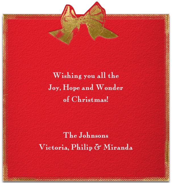 Rote Online Weihnachtskarte mit goldener Schleife oben im Rahmen.