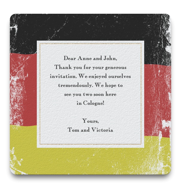 Online Kartenvorlage zum Grillen und zu Cocktails mit deutscher Flagge als Hintergrund und weißem Textfeld.