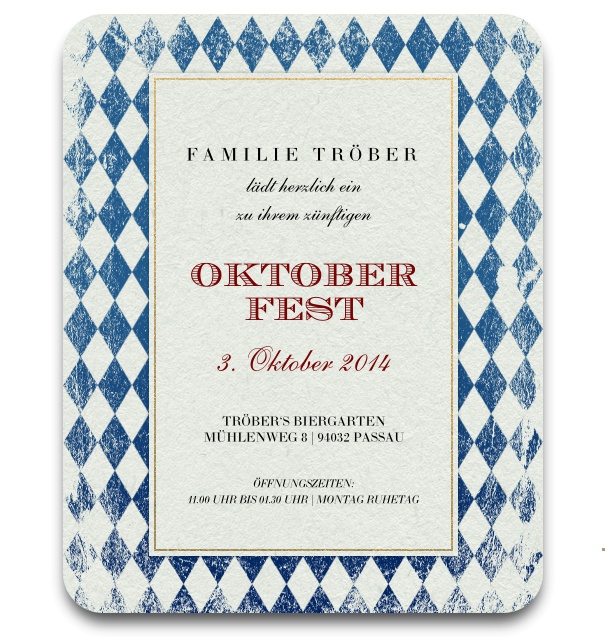 Oktoberfest Online Einladungskarte mit blau-weiß kariertem Rahmen und editierbarem Textfeld.