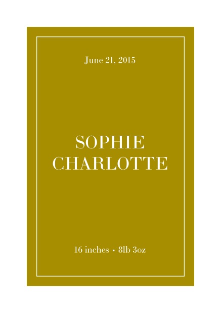 Birth announcement with yellow text field with thin border.